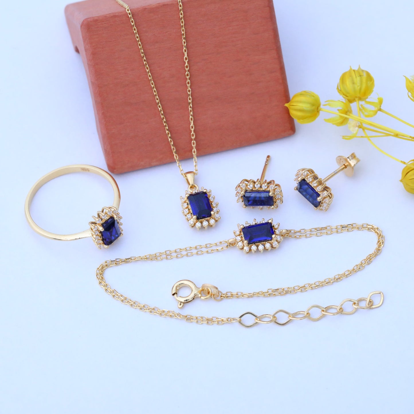 Sapphire Rectangle Necklace Surrounded by Real Diamonds in 14K Solid Gold, September Birthstone Jewelry Queen Jewelry Necklace