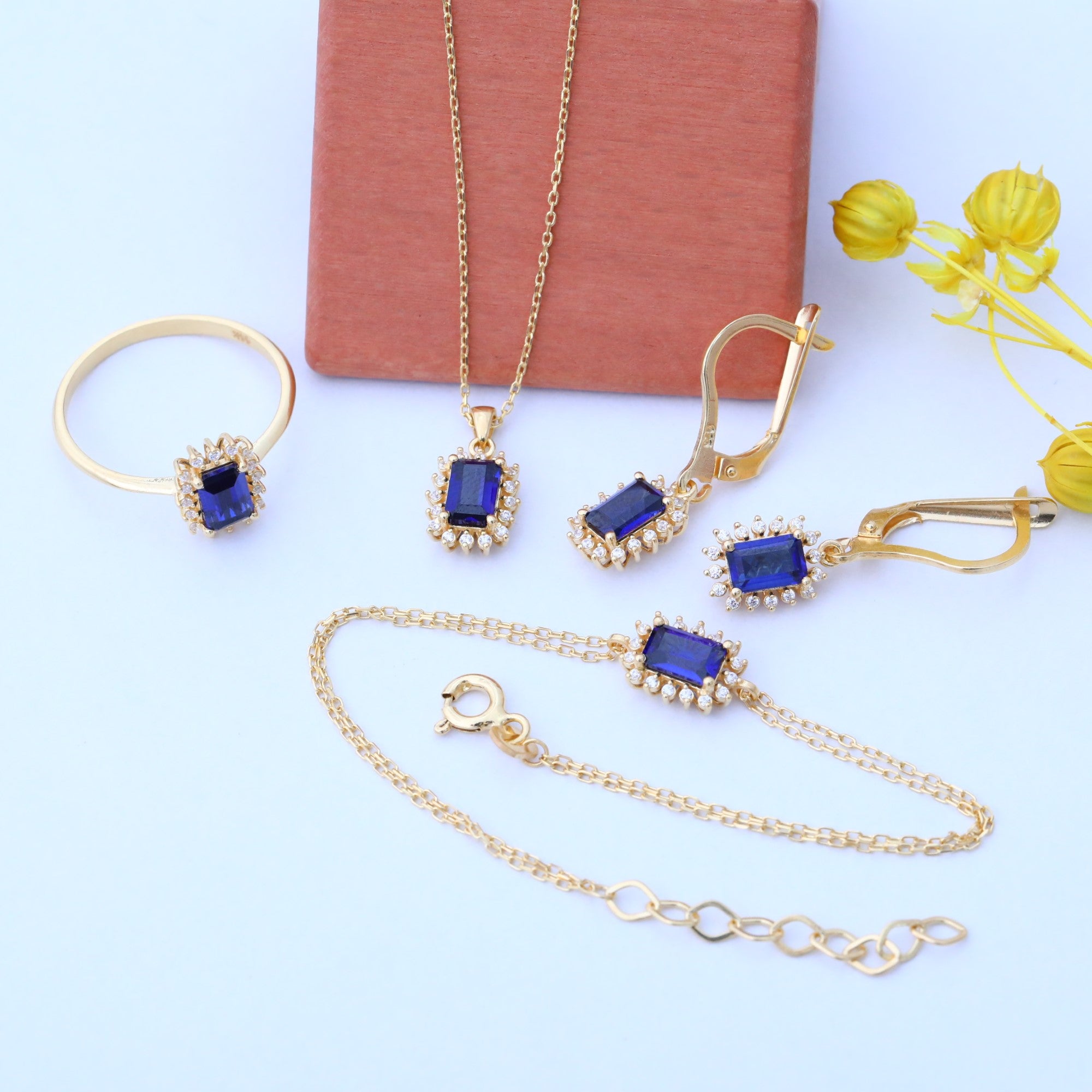 Sapphire Rectangle Necklace Surrounded by Real Diamonds in 14K Solid Gold, September Birthstone Jewelry Queen Jewelry Necklace