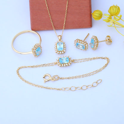 Aquamarine Rectangle Halo Stud Earrings surrounded by Real Diamonds in 10K/14K Solid Gold, March Birthstone Jewelry