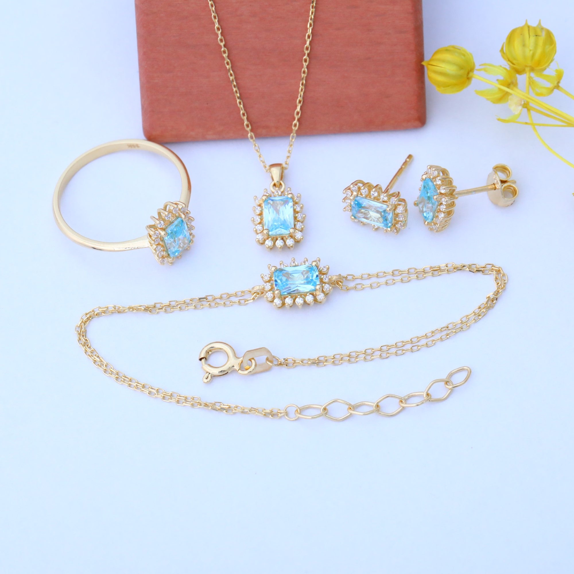 Aquamarine Rectangle Halo Dangling Earrings surrounded by Real Diamonds in 14K Solid Gold, March Birthstone Jewelry Queen Jewelry Earrings