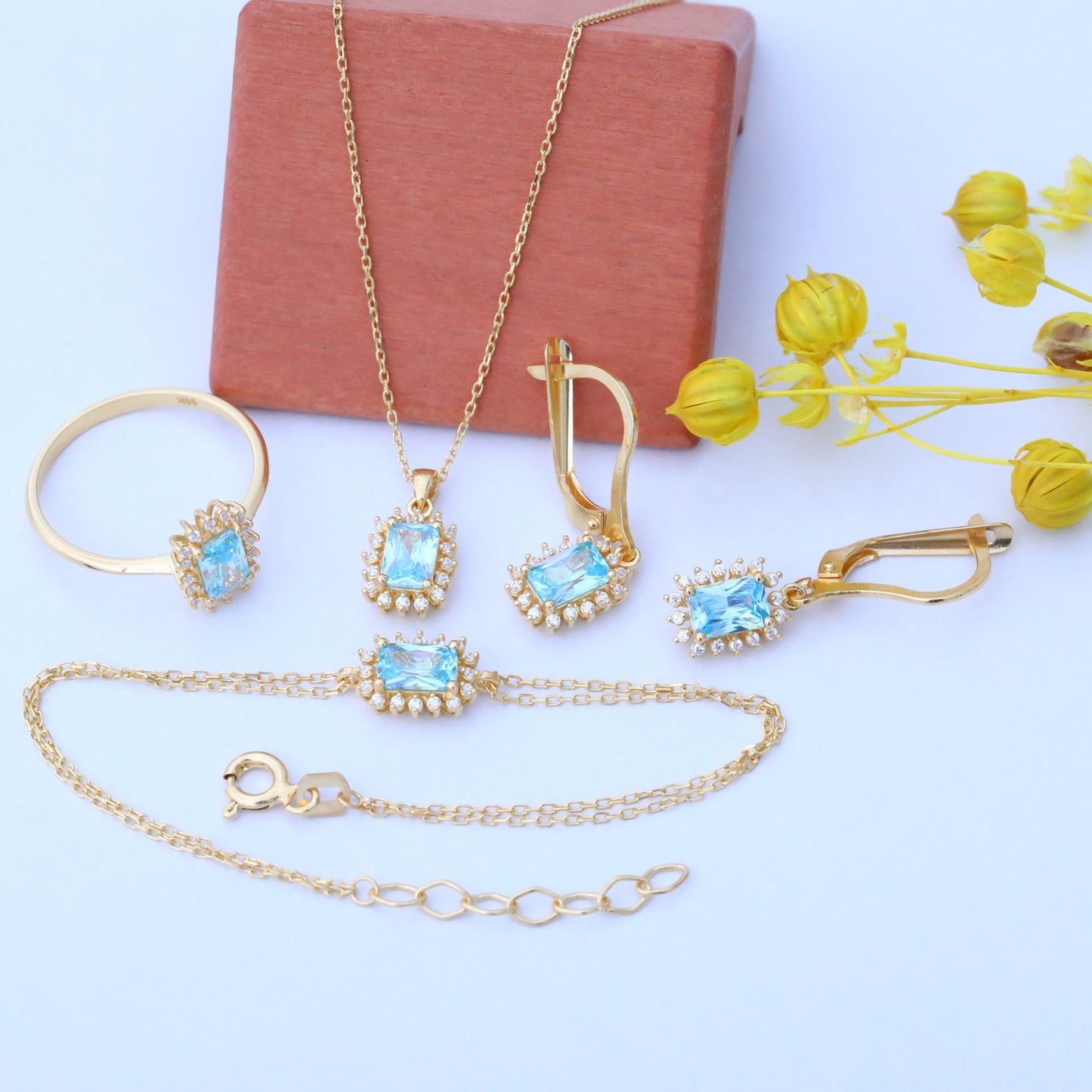 Aquamarine Rectangle Necklace Surrounded by Real Diamonds in 14K Solid Gold, March Birthstone Jewelry Queen Jewelry Necklace