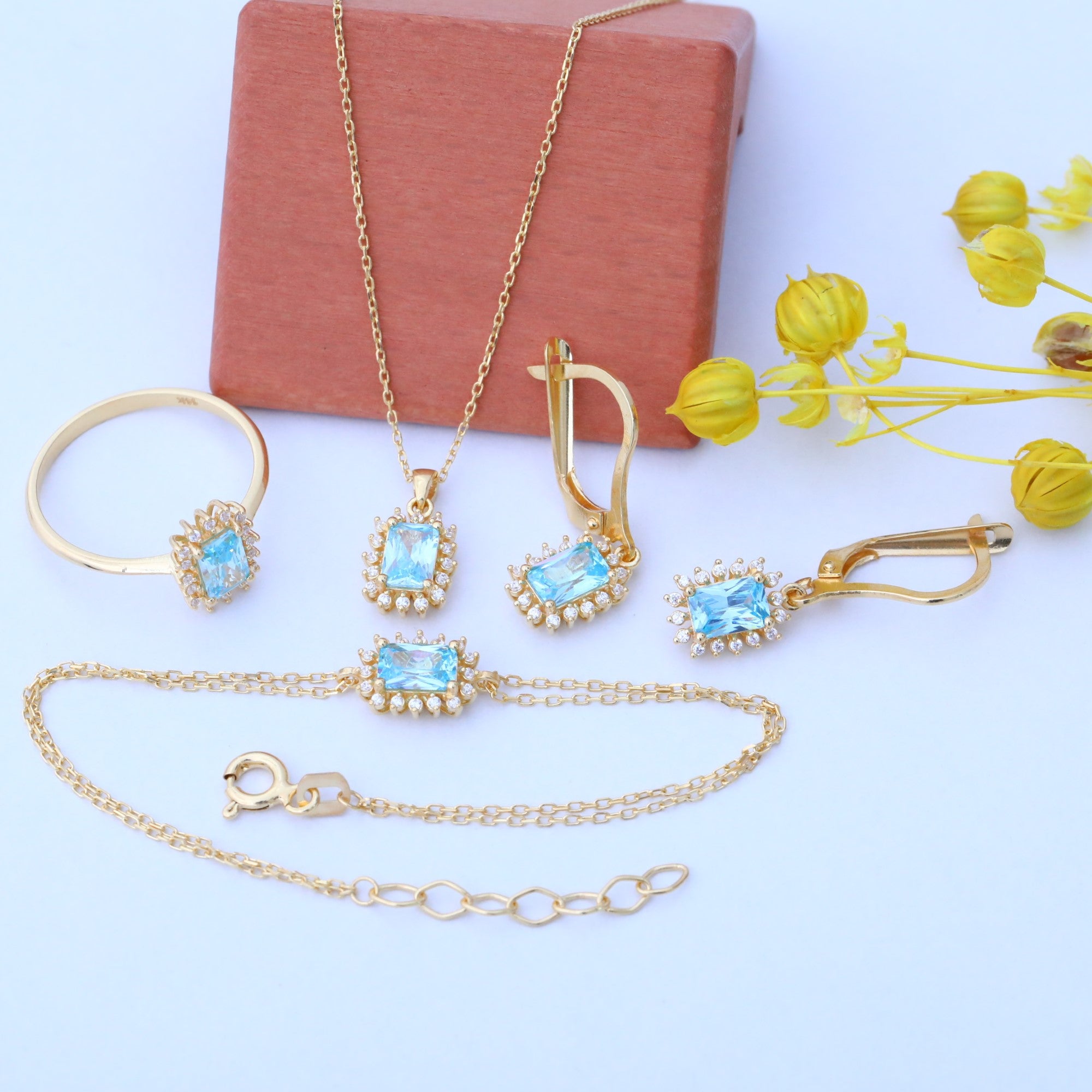 Aquamarine Rectangle Halo Dangling Earrings surrounded by Real Diamonds in 14K Solid Gold, March Birthstone Jewelry Queen Jewelry Earrings