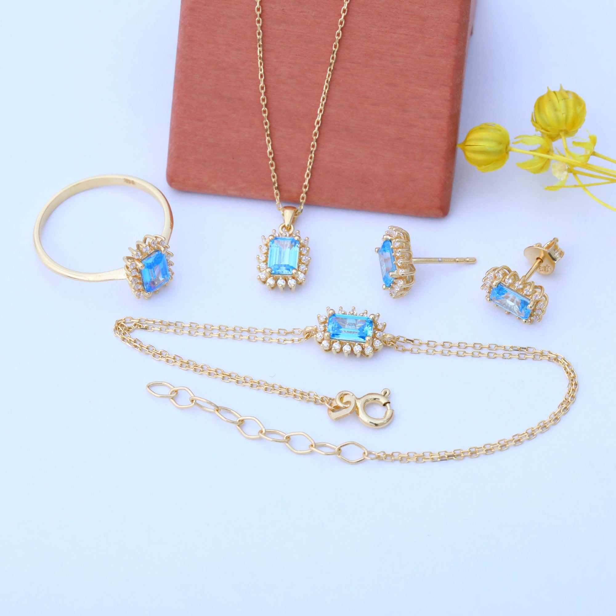 Blue Topaz Rectangle Halo Dangling Earrings surrounded by Real Diamonds in 14K Solid Gold, December Birthstone Jewelry Queen Jewelry Earrings
