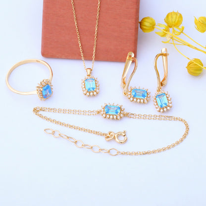 Blue Topaz Rectangle Bracelet surrounded by Real Diamonds in 14K Solid Gold, December Birthstone Jewelry Queen Jewelry Bracelet