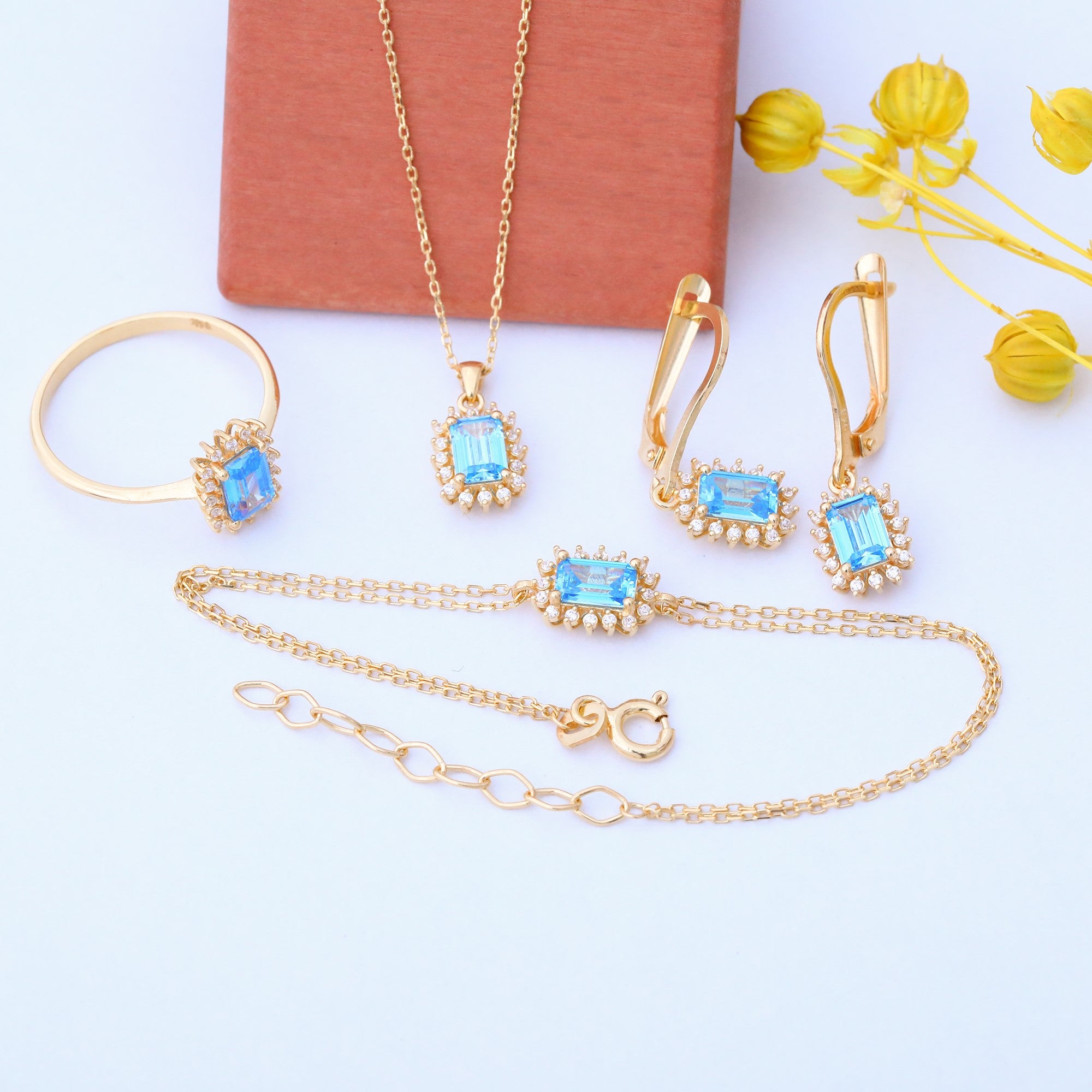 Blue Topaz Rectangle Halo Dangling Earrings surrounded by Real Diamonds in 14K Solid Gold, December Birthstone Jewelry Queen Jewelry Earrings