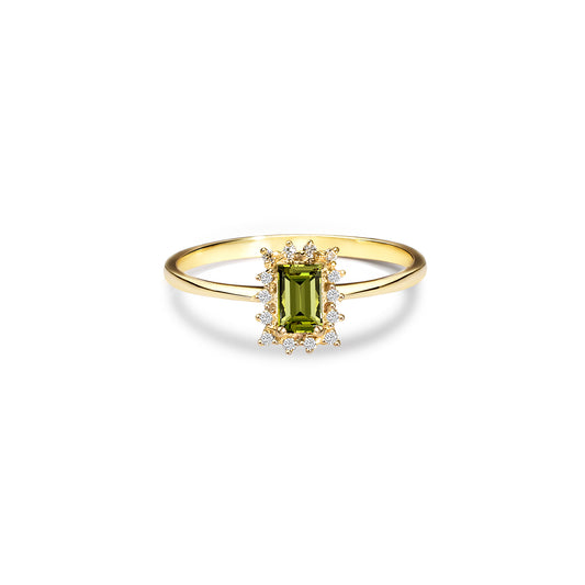 Peridot Rectangle Ring with Real Diamonds, 14K Solid Gold