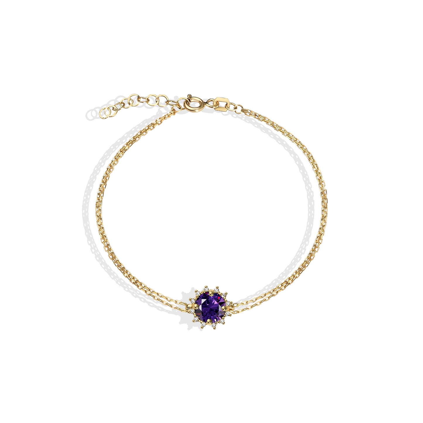 Round Amethyst Bracelet with Real Diamond, 8K/10K/14K Solid Gold, February Birthstone