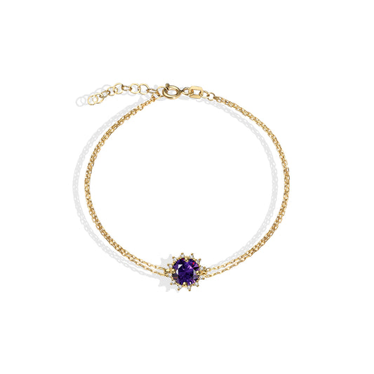Round Amethyst Bracelet with Real Diamond, 8K/10K/14K Solid Gold, February Birthstone