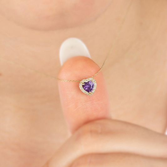 Amethyst Heart Necklace with Real Diamond, 8K/10K/14K Solid Gold, February Birthstone