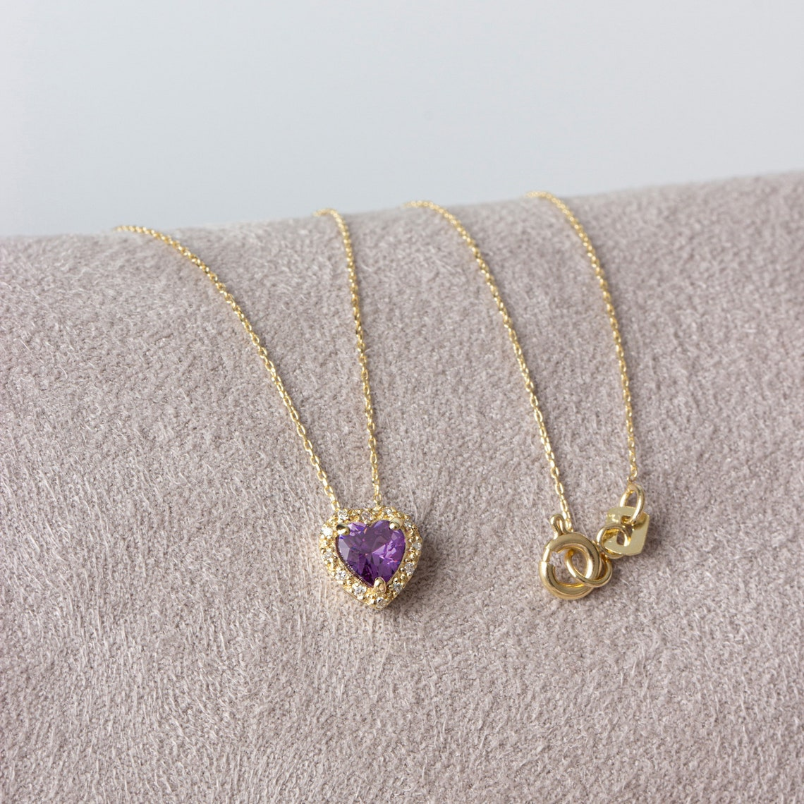 Amethyst Heart Necklace with Real Diamond, 8K/10K/14K Solid Gold, February Birthstone