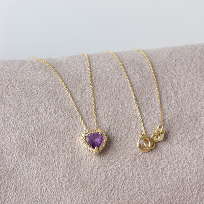 Amethyst Heart Necklace with Real Diamond, 8K/10K/14K Solid Gold, February Birthstone
