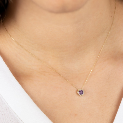 Amethyst Heart Necklace with Real Diamond, 8K/10K/14K Solid Gold, February Birthstone