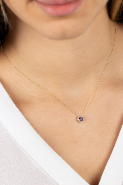 Amethyst Heart Necklace with Real Diamond, 8K/10K/14K Solid Gold, February Birthstone
