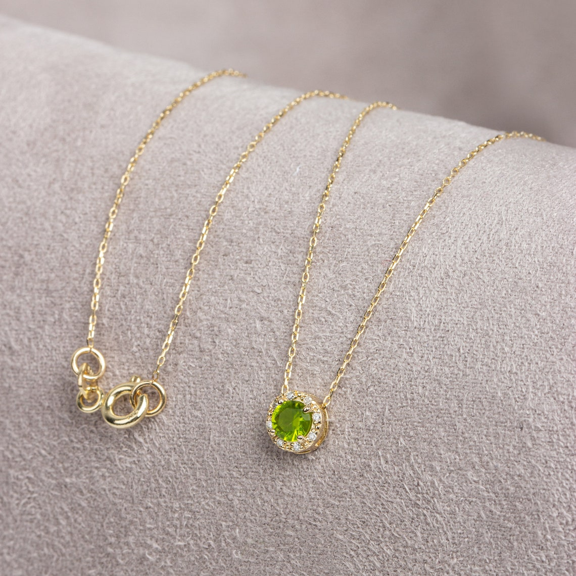 Round Peridot Necklace Surrounded by Real Diamonds, 8K/10K/14K Solid Gold, August Birthstone