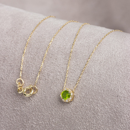 Round Peridot Necklace Surrounded by Real Diamonds, 8K/10K/14K Solid Gold, August Birthstone