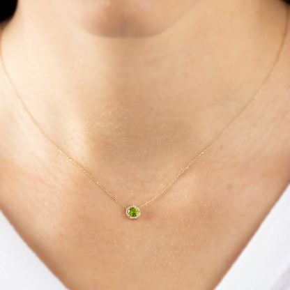 Round Peridot Necklace Surrounded by Real Diamonds, 8K/10K/14K Solid Gold, August Birthstone