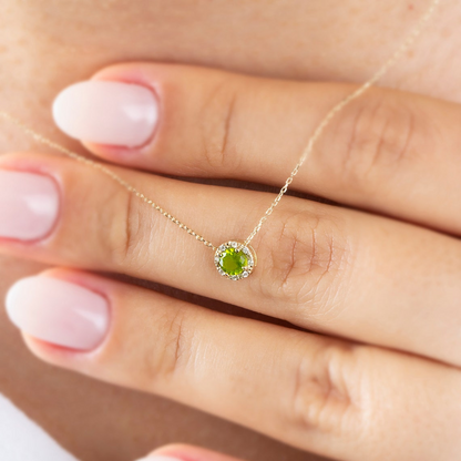 Round Peridot Necklace Surrounded by Real Diamonds, 8K/10K/14K Solid Gold, August Birthstone