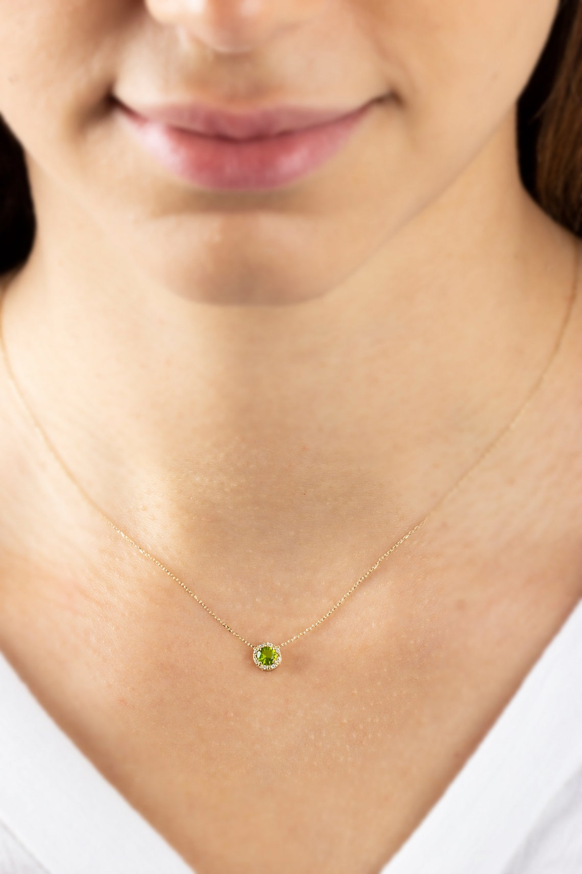 Round Peridot Necklace Surrounded by Real Diamonds, 8K/10K/14K Solid Gold, August Birthstone