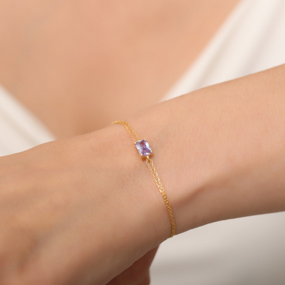 Rectangle Alexandrite Bracelet 8K/10K/14K Solid Gold, Dainty Gold Baguette June Birthstone
