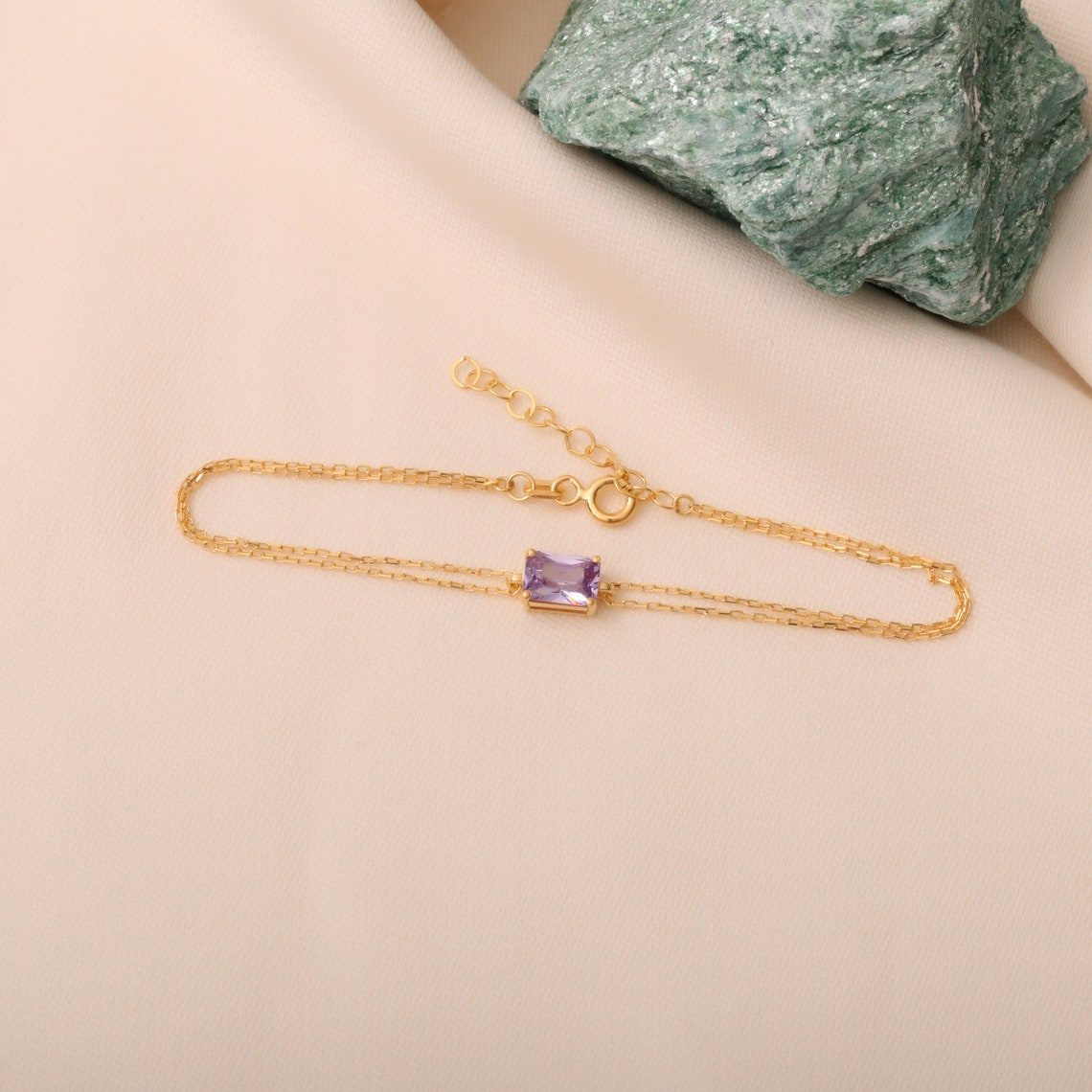 Rectangle Alexandrite Bracelet 8K/10K/14K Solid Gold, Dainty Gold Baguette June Birthstone