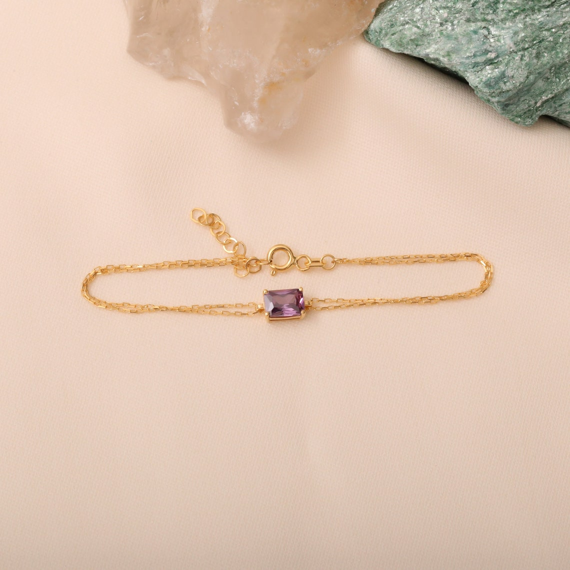Rectangle Amethyst Bracelet 8K/10K/14K Solid Gold, Dainty Gold Baguette February Birthstone