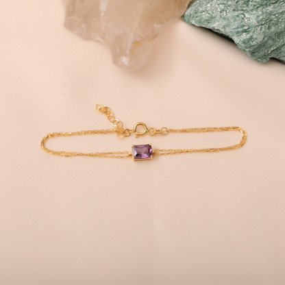 Rectangle Amethyst Bracelet 8K/10K/14K Solid Gold, Dainty Gold Baguette February Birthstone