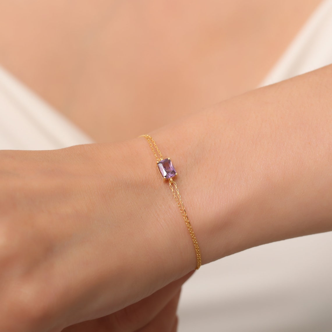 Rectangle Amethyst Bracelet 8K/10K/14K Solid Gold, Dainty Gold Baguette February Birthstone