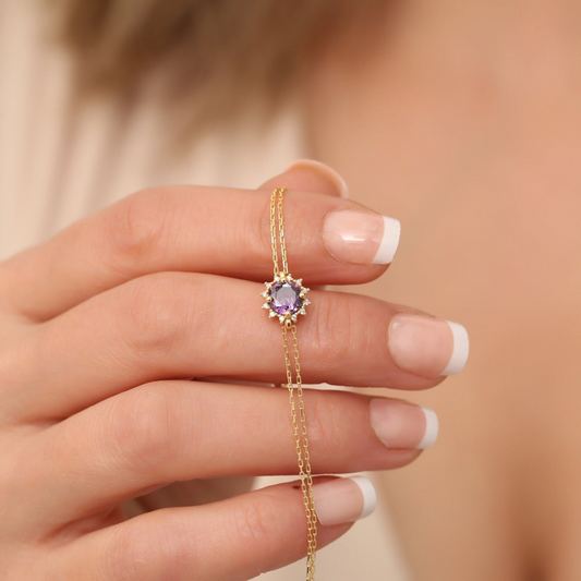 Round Amethyst Bracelet with Real Diamond, 8K/10K/14K Solid Gold, February Birthstone
