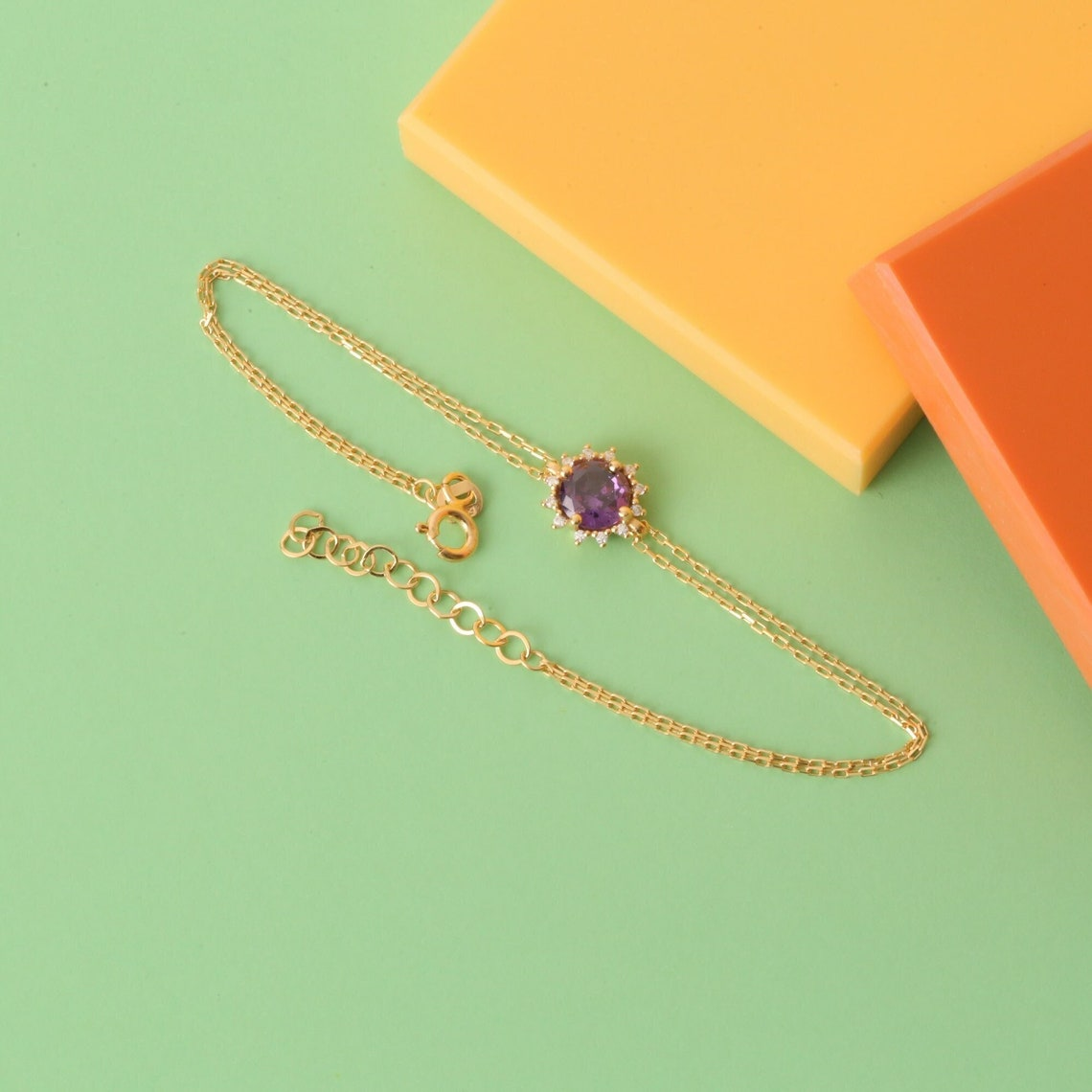 Round Amethyst Bracelet with Real Diamond, 8K/10K/14K Solid Gold, February Birthstone