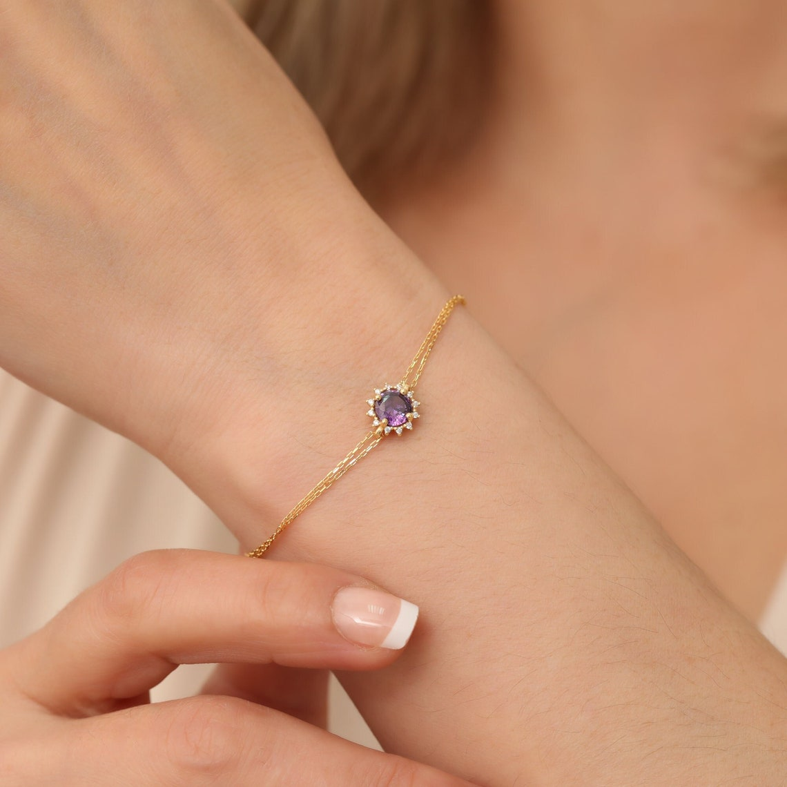 Round Amethyst Bracelet with Real Diamond, 8K/10K/14K Solid Gold, February Birthstone