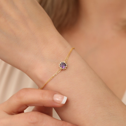 Round Amethyst Bracelet with Real Diamond, 8K/10K/14K Solid Gold, February Birthstone