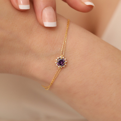 Round Amethyst Bracelet with Real Diamond, 8K/10K/14K Solid Gold, February Birthstone