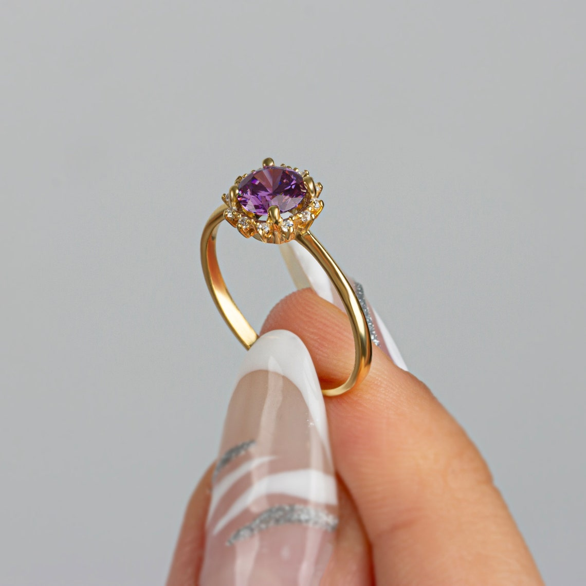 Round Amethyst Ring with Real Diamond Around 14K Solid Gold, February Birthstone