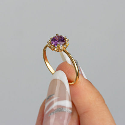 Round Amethyst Ring with Real Diamond Around 14K Solid Gold, February Birthstone