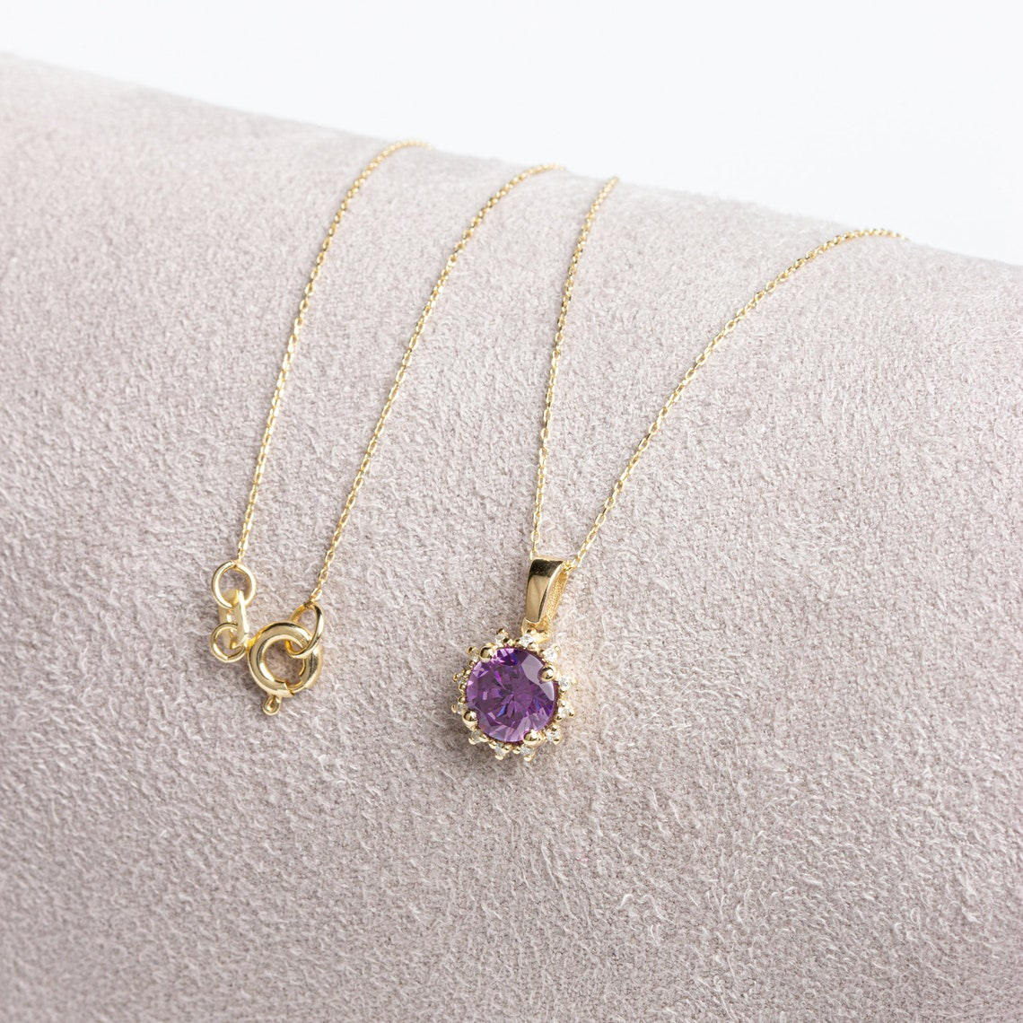 Round Amethyst Necklace with Real Diamonds, 8K/10K/14K Solid Gold February Birthstone