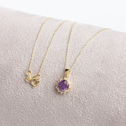 Round Amethyst Necklace with Real Diamonds, 8K/10K/14K Solid Gold February Birthstone