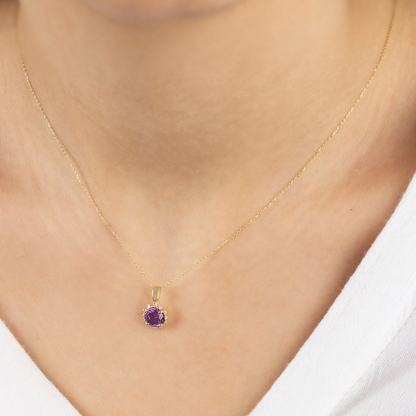 Round Amethyst Necklace with Real Diamonds, 8K/10K/14K Solid Gold February Birthstone