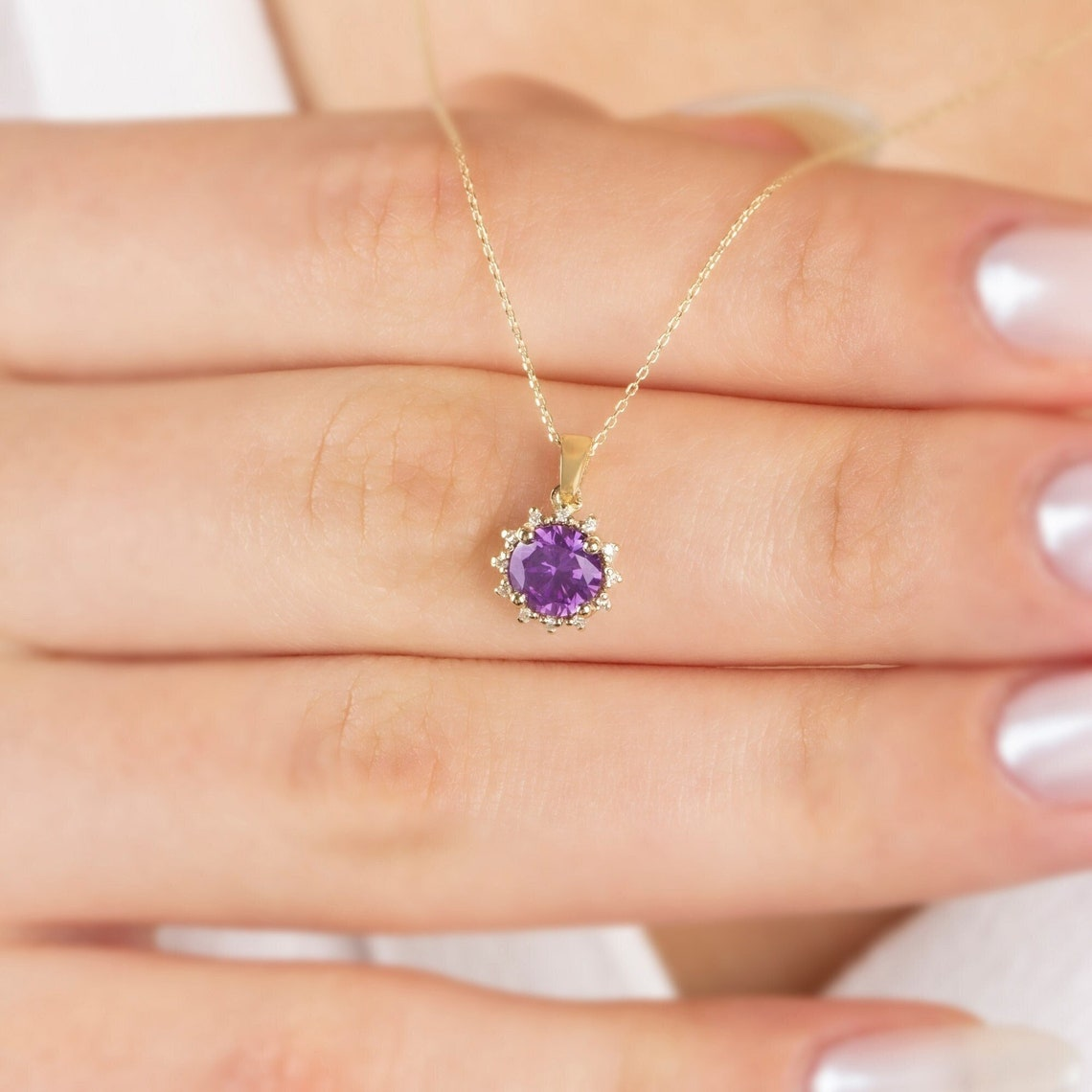 Round Amethyst Necklace with Real Diamonds, 8K/10K/14K Solid Gold February Birthstone