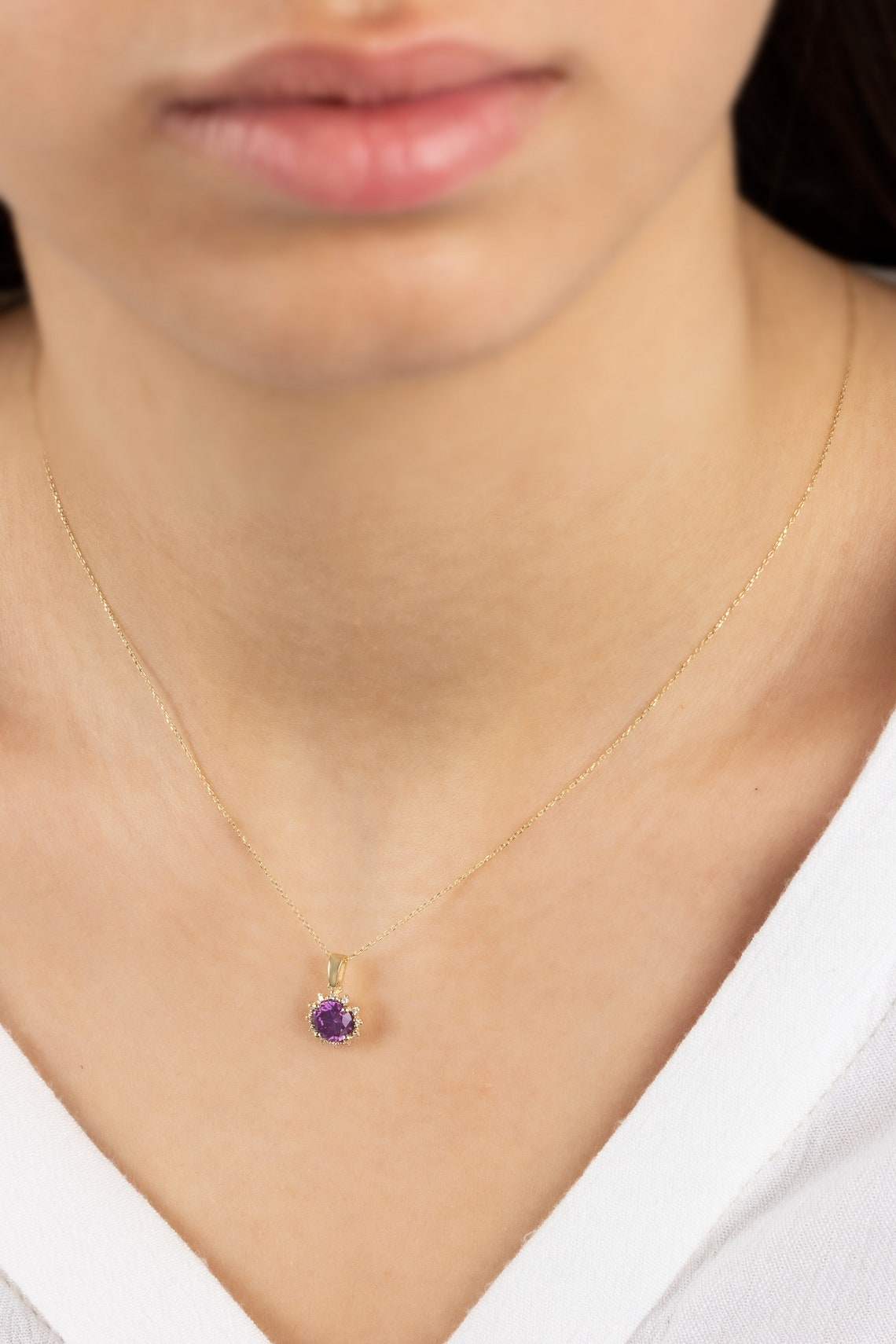 Round Amethyst Necklace with Real Diamonds, 8K/10K/14K Solid Gold February Birthstone