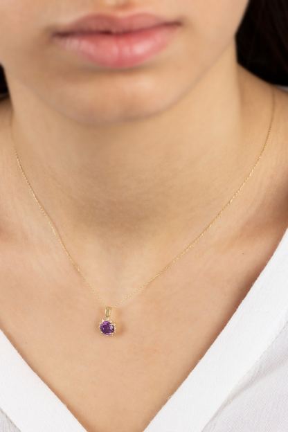 Round Amethyst Necklace with Real Diamonds, 8K/10K/14K Solid Gold February Birthstone