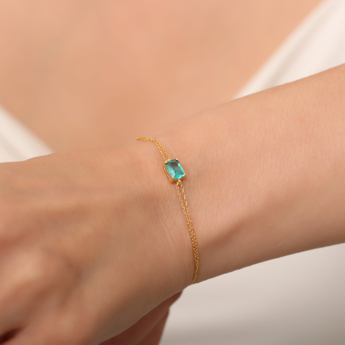 Rectangle Aqua Green Bracelet 8K/10K/14K Solid Gold, Dainty Gold Baguette Bracelet