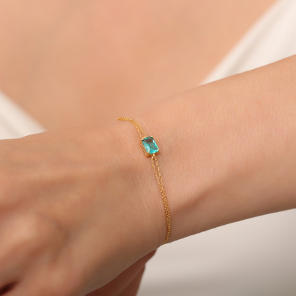 Rectangle Aqua Green Bracelet 8K/10K/14K Solid Gold, Dainty Gold Baguette Bracelet