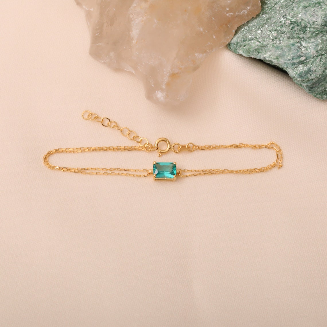 Rectangle Aqua Green Bracelet 8K/10K/14K Solid Gold, Dainty Gold Baguette Bracelet