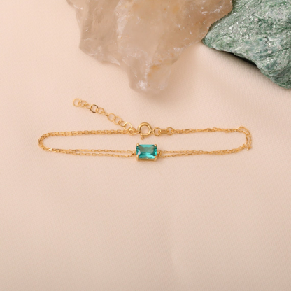Rectangle Aqua Green Bracelet 8K/10K/14K Solid Gold, Dainty Gold Baguette Bracelet