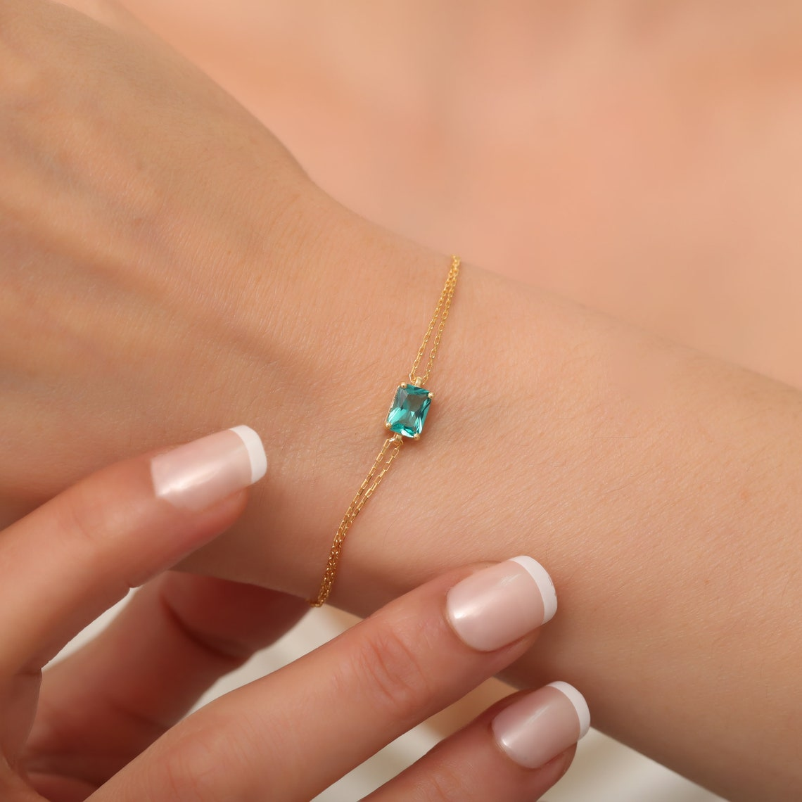 Rectangle Aqua Green Bracelet 8K/10K/14K Solid Gold, Dainty Gold Baguette Bracelet