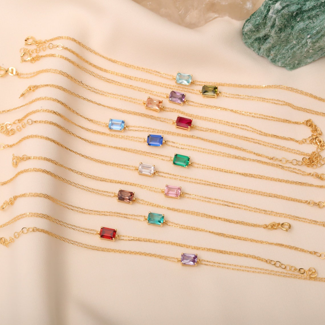 Rectangle Aqua Green Bracelet 8K/10K/14K Solid Gold, Dainty Gold Baguette Bracelet