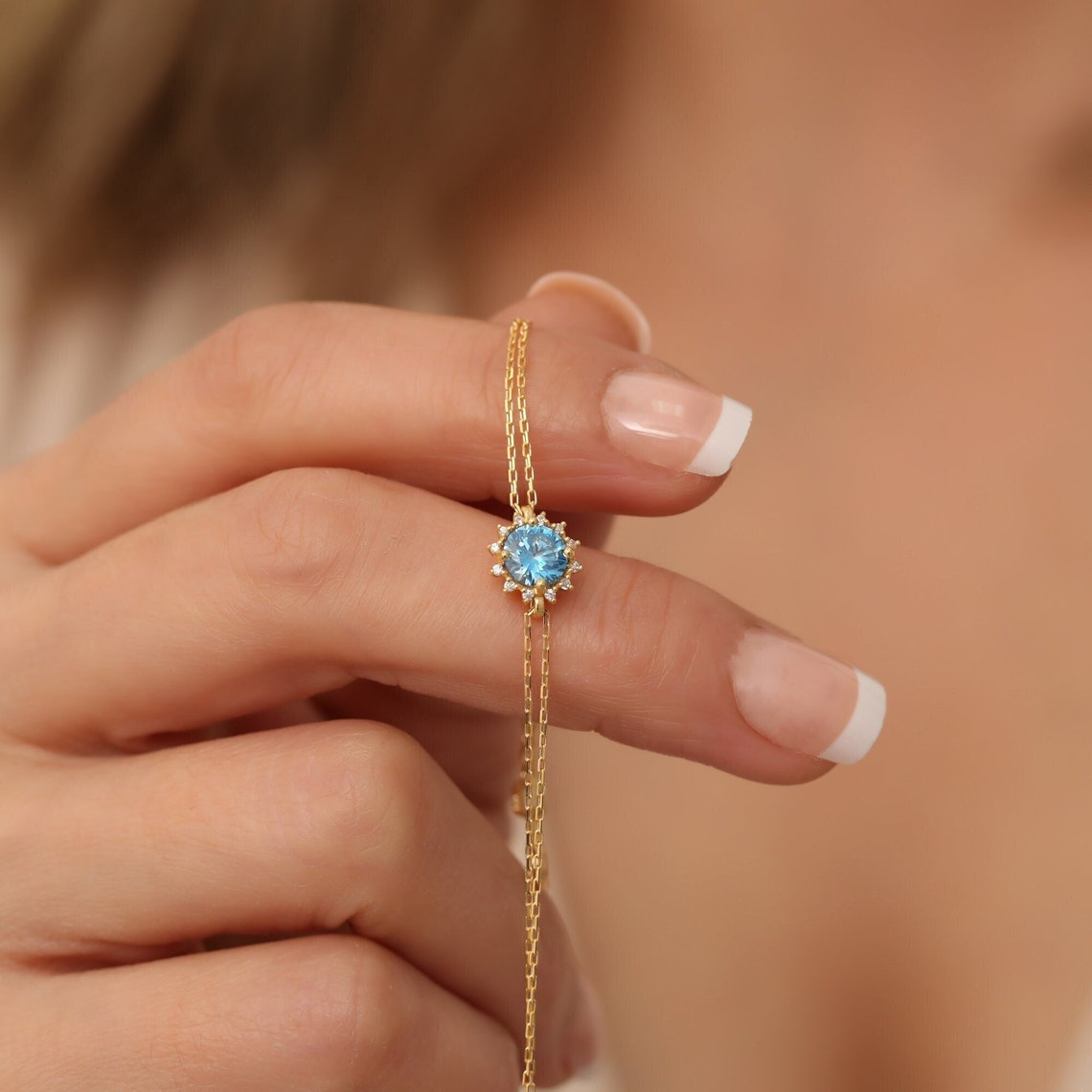 Round Aquamarine Bracelet with Real Diamond, 8K/10K/14K Solid Gold, March Birthstone