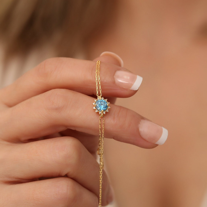 Round Aquamarine Bracelet with Real Diamond, 8K/10K/14K Solid Gold, March Birthstone