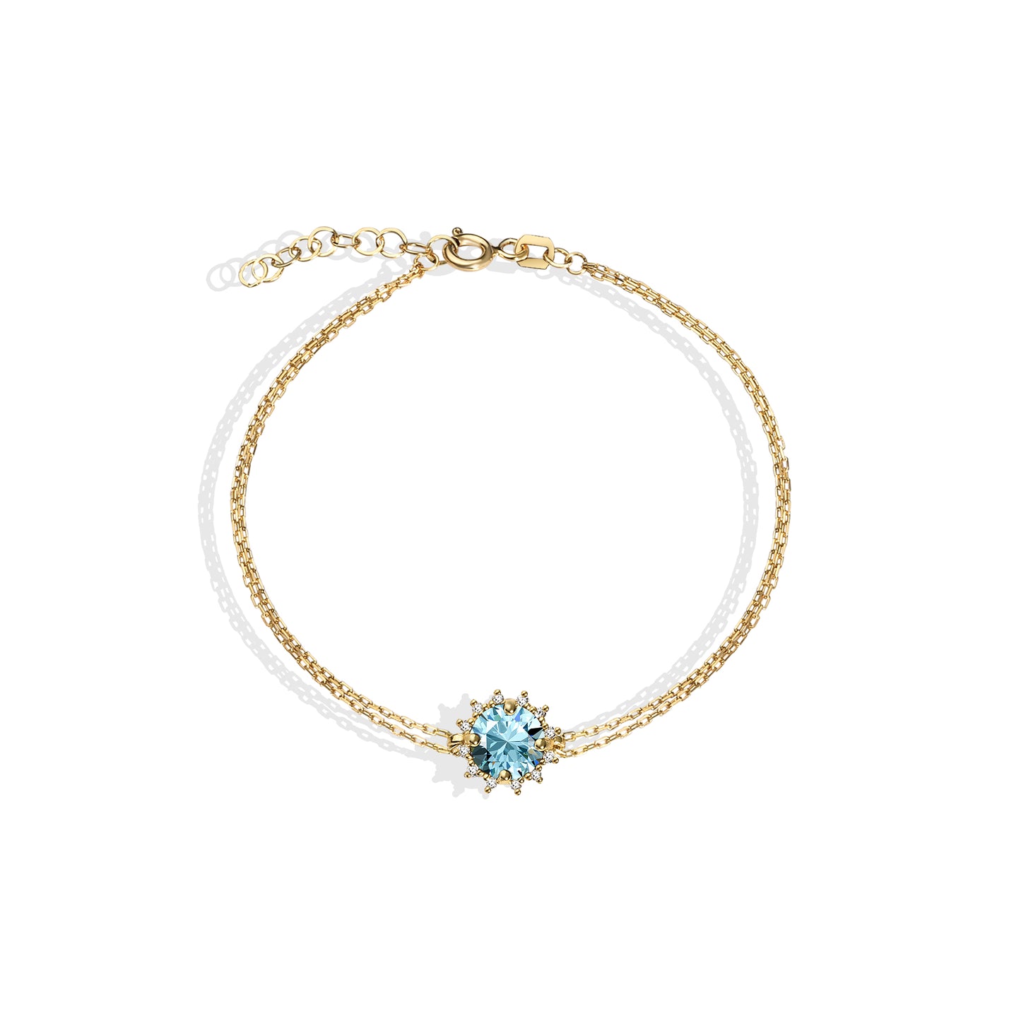 Round Aquamarine Bracelet with Real Diamond, 8K/10K/14K Solid Gold, March Birthstone