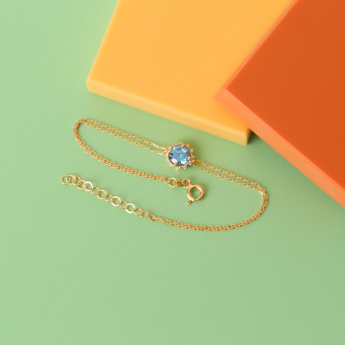 Round Aquamarine Bracelet with Real Diamond, 8K/10K/14K Solid Gold, March Birthstone